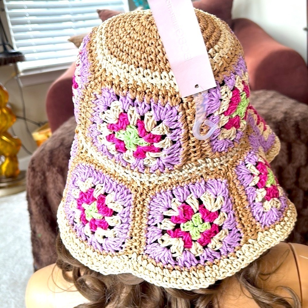Brand New BCBGeneration Straw Woven Hat Crochet Patchwork Floral Floppy Beach - Picture 7 of 15
